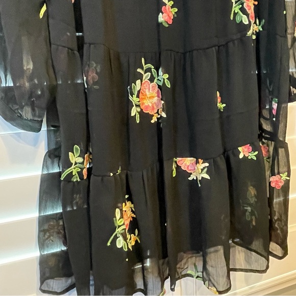 Figueroa Flower Embroidered Sheer Tiered Midi Dress Black Pink Multi Large - Picture 6 of 6